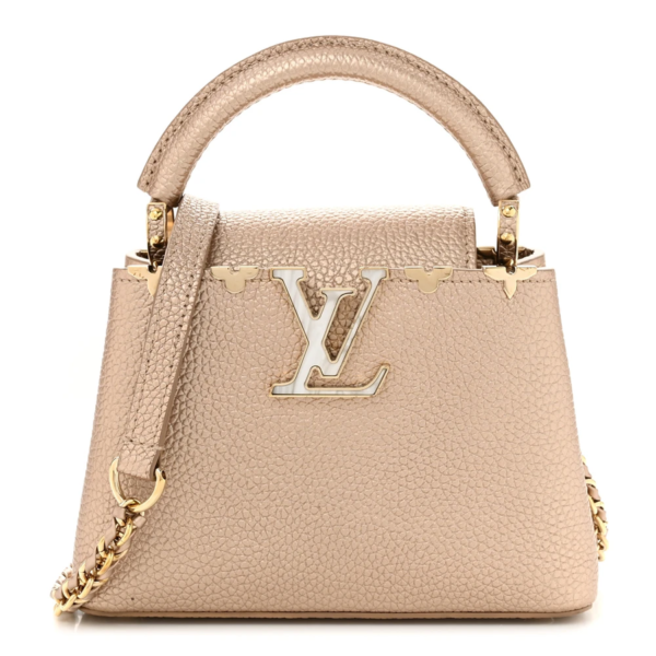 fake designer bags Louis Vuitton Metallic Taurillo Gold Embellished Flower Crown Capucines Mini with Gold Hardware front