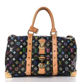 fake designer bags Louis Vuitton Monogram Multicolor Keepall 45 in Black with Gold Hardware front