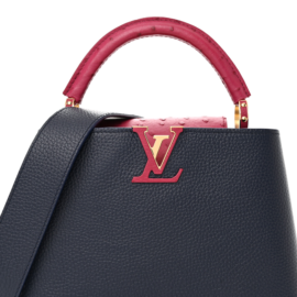 fake designer bags Louis Vuitton Ostrich Capucines BB in Bleu de France Berry Red with Gold Hardware logo