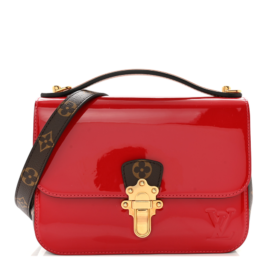 fake designer bags Louis Vuitton Patent Calfskin Monogram Cherrywood BB in Scarlet with Gold Hardware front