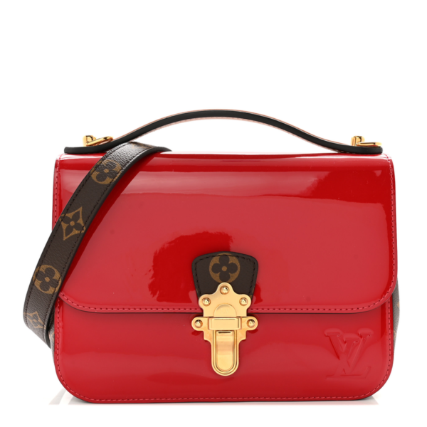 fake designer bags Louis Vuitton Patent Calfskin Monogram Cherrywood BB in Scarlet with Gold Hardware front