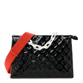 fake designer bags Louis Vuitton Patent Lambskin Embossed Monogram Coussin MM in Black Red with Silver Hardware front