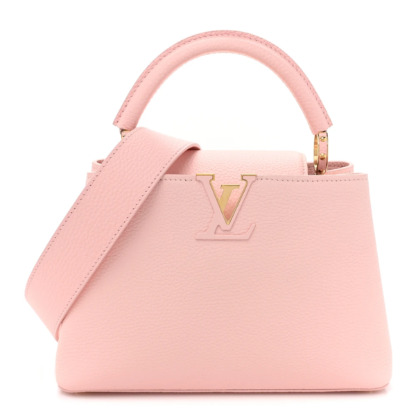 fake designer bags Louis Vuitton Taurillon Capucines BB in Rose Jasmin with Gold Hardware front