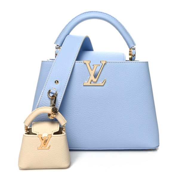 fake designer bags Louis Vuitton Taurillon Capucines MiniMe BB in Candy Blue with Gold Hardware front