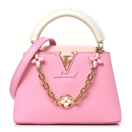 fake designer bags Louis Vuitton Taurillon Flower Chain Capucines Mini in Candy Pink with Gold Hardware front