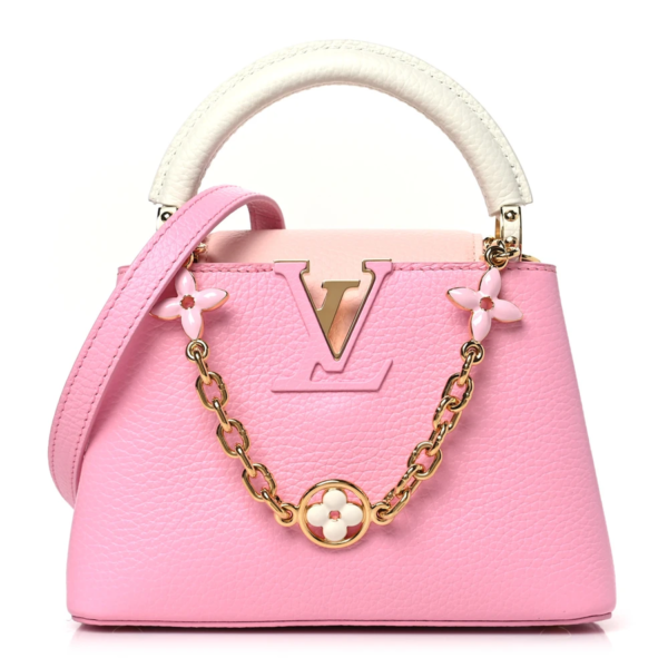 fake designer bags Louis Vuitton Taurillon Flower Chain Capucines Mini in Candy Pink with Gold Hardware front