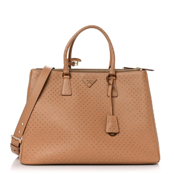 fake designer bags Prada Extra Large Calfskin Studded Galleria Double Zip Tote in Natural with Gold Hardware front