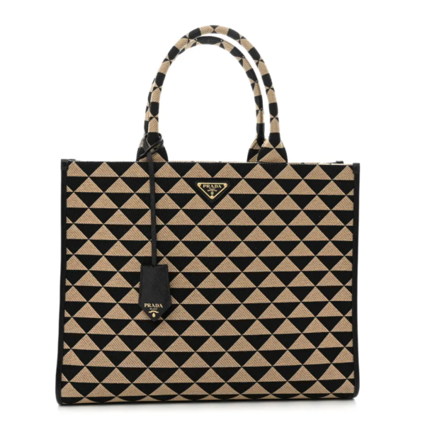 fake designer bags Prada Large Jacquard Saffiano Triangolo Symbole Embroidered Tote in Black Corda with None front