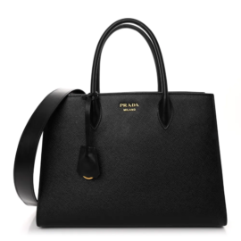 fake designer bags Prada Large Saffiano Cuir Calfskin Double Handle Bag in Black Fuoco with Polished Gold Hardware front