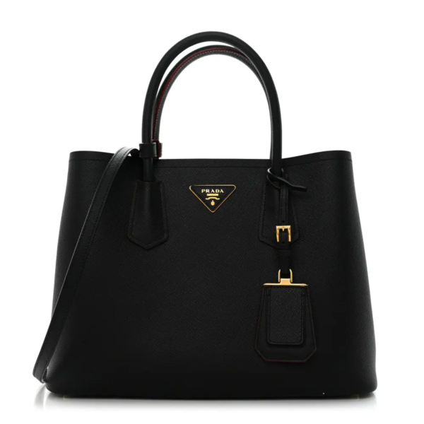 fake designer bags Prada Medium Saffiano Cuir Double Bag in Black Fuoco with Gold Hardware front