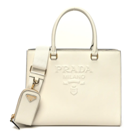 fake designer bags Prada Medium Saffiano Lux Logo Embossed Shoulder Tote Handbag in White with Gold Hardware front