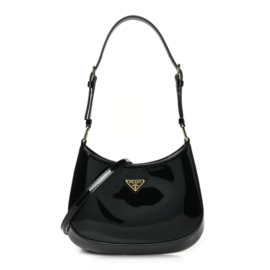 fake designer bags Prada Medium Vernice Cleo Adjustable Strap Shoulder Bag in Black with Gold Hardware front