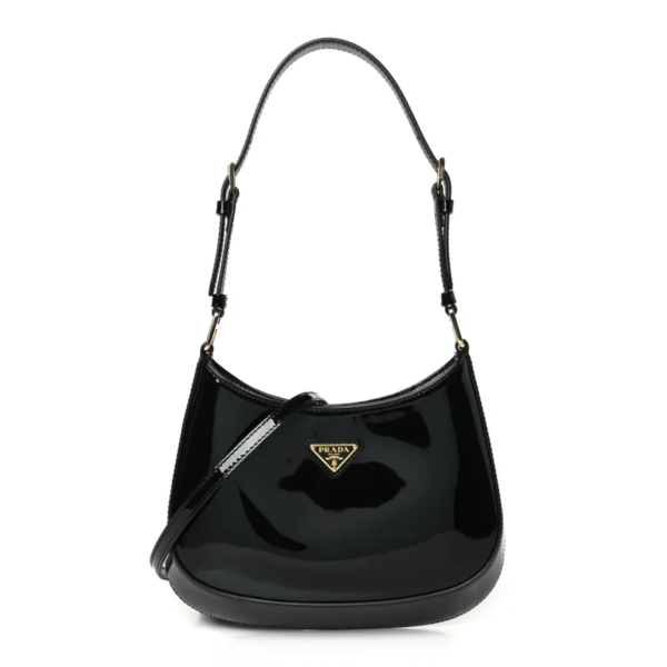 fake designer bags Prada Medium Vernice Cleo Adjustable Strap Shoulder Bag in Black with Gold Hardware front