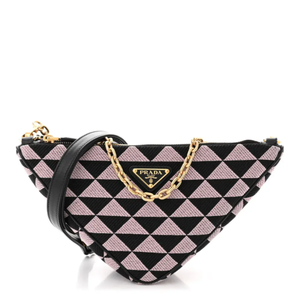 fake designer bags Prada Mini Jacquard Calfskin Triangolo Symbole Embroidered Triangle Double Bag in Black Alabastro with Gold Hardware front