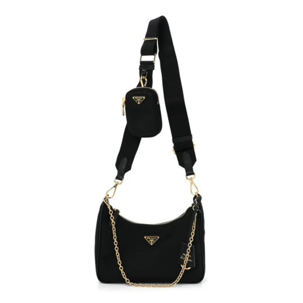 Prada Mini Saffiano Lux Re-Edition 2005 Shoulder Bag in Black with Polished Gold Hardware frontPrada Mini Saffiano Lux Re-Edition 2005 Shoulder Bag in Black with Polished Gold Hardware front