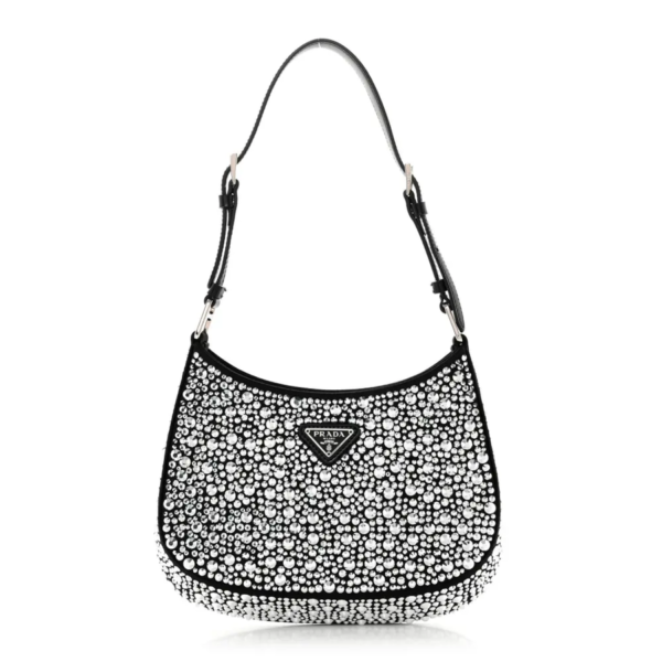 fake designer bags Prada Mini Satin Crystal Cleo Adjustable Strap Shoulder Bag in Metal with Silver Hardware front