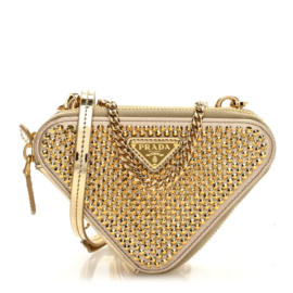 fake designer bags Prada Mini Satin Crystal Triangle Crossbody Pouch in Platino with Polished Gold Hardware front