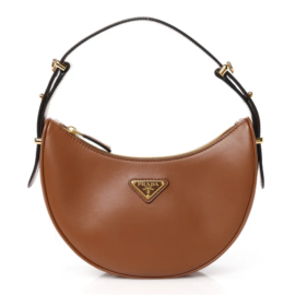 fake designer bags Prada Mini Soft Calfskin Arque Shoulder Bag in Cognac with Gold Hardware front