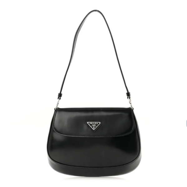 fake designer bags Prada Mini Spazzolato Cleo Flap Shoulder Bag in Black with Silver Hardware front