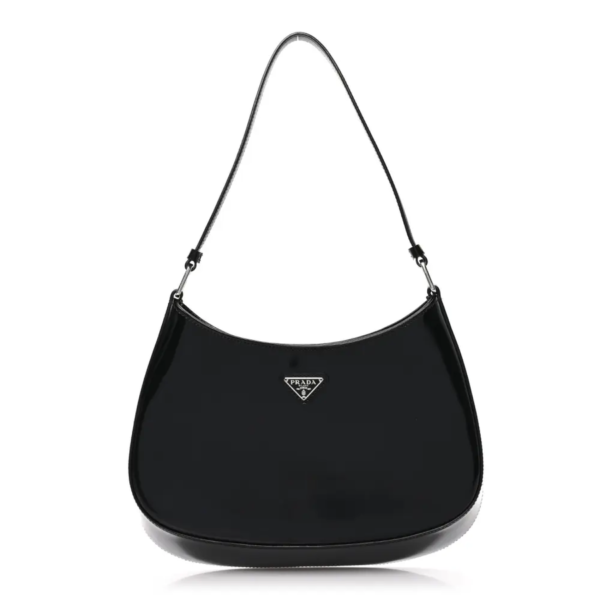 fake designer bags Prada Mini Spazzolato Cleo Shoulder Bag in Black with Silver Hardware front