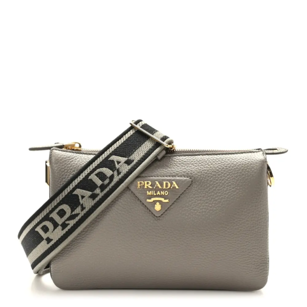 fake designer bags Prada Mini Vitello Daino Soft Zippered Shoulder Bag in Argilla with Gold Hardware front