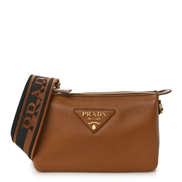 fake designer bags Prada Mini Vitello Daino Soft Zippered Shoulder Bag in Caramel with Polished Silver Hardware front