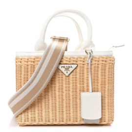 fake designer bags Prada Mini Wicker Canvas Tote in Naturale White with Gold Hardware front