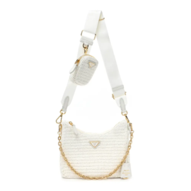 fake designer bags Prada Mini Yarn Raffia Effect Crochet Re-Edition 2005 Shoulder Bag in White with Gold Hardware front