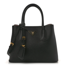 fake designer bags Prada Small Saffiano Cuir Double Bag in Black Mughetto with Gold Hardware front