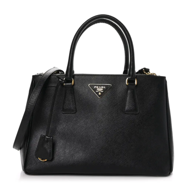 fake designer bags Prada Small Saffiano Galleria Double Zip Tote in Black with Brass Hardware front