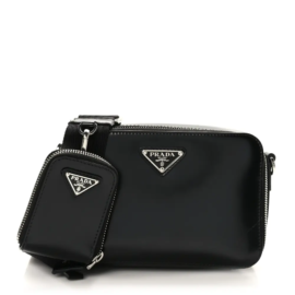 fake designer bags Prada Small Saffiano Travel Crossbody Bag in Black with Silver Hardware front