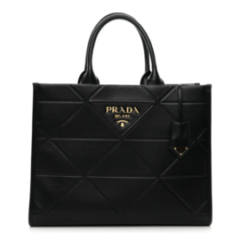 fake designer bags Prada Small Soft Calfskin Triangolo Symbole Embossed Tote in Black with Silver Hardware front