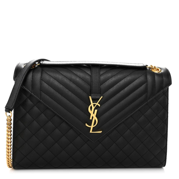 fake designer bags Saint Laurent Large Grain De Poudre Textured Mixed Matelasse Monogram Triquilt Satchel in Black with Gold Hardware front