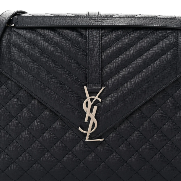 fake designer bags Saint Laurent Large Grain De Poudre Textured Mixed Matelasse Triquilt Monogram Satchel in Deep Marine with Silver Hardware detail