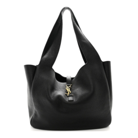 fake designer bags Saint Laurent Large Grained Deerskin Bea Tote in Black with Aged Gold Hardware front