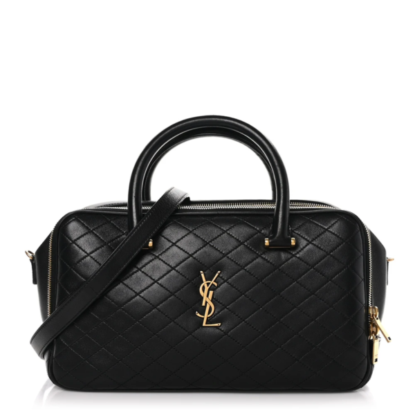 fake designer bags Saint Laurent Large Lambskin Quilted Lyia Duffle Bag in Black with Gold Hardware front