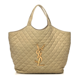 fake designer bags Saint Laurent Maxi Nubuck Suede Quilted Icare Shopping Tote in Beige with Aged Gold Hardware front