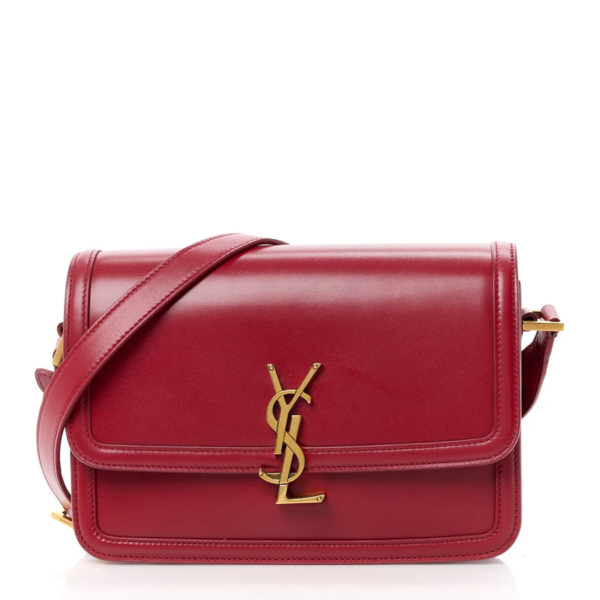 fake designer bags Saint Laurent Medium Box Calfskin Monogram Solferino Satchel in Rouge Opyum with Brass Hardware front