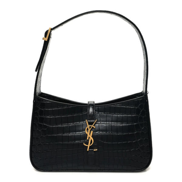 fake designer bags Saint Laurent Medium Calfskin Crocodile Embossed LE 5 A 7 Hobo in Black with Gold Hardware front