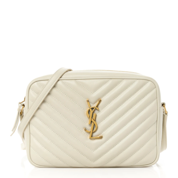 fake designer bags Saint Laurent Medium Calfskin Matelasse Monogram Lou Camera Bag in Crema Soft with Aged Gold Hardware front