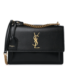 fake designer bags Saint Laurent Medium Calfskin Monogram Sunset in Black with Aged Gold Hardware front