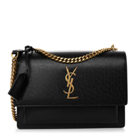 fake designer bags Saint Laurent Medium Coated Bark Calfskin Monogram Sunset in Black with Gold Hardware front