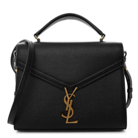 fake designer bags Saint Laurent Medium Grain De Poudre Classic Monogram Cassandra Top Handle in Black Rouge Legion with Aged Gold Hardware front