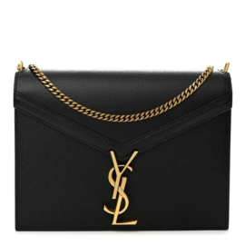 fake designer bags Saint Laurent Medium Grain De Poudre Monogram Cassandra Clasp Bag in Black with Gold Hardware front