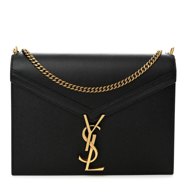 fake designer bags Saint Laurent Medium Grain De Poudre Monogram Cassandra Clasp Bag in Black with Gold Hardware front