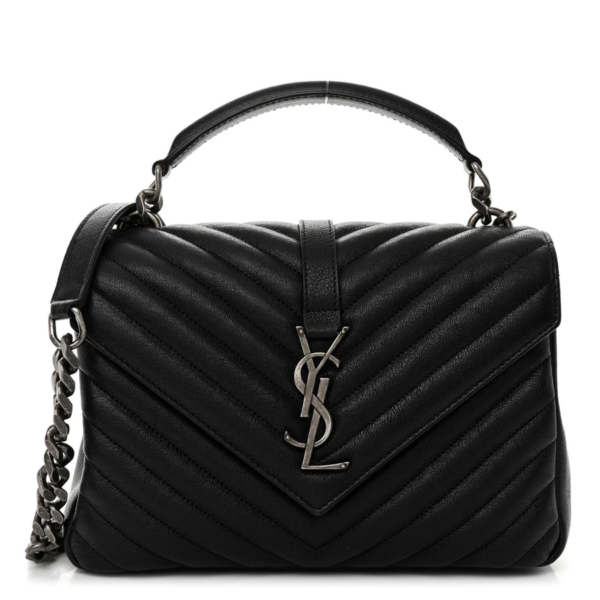 fake designer bags Saint Laurent Medium Sheepskin Matelasse Chevron Monogram College Bag in Black with Aged Silver Hardware front