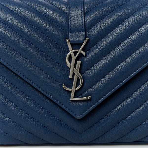 fake designer bags Saint Laurent Medium Sheepskin Matelasse Chevron Monogram College Bag in Blue Charron with Aged Silver Hardware detail