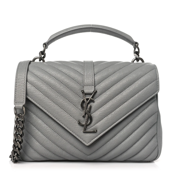 fake designer bags Saint Laurent Medium Sheepskin Matelasse Chevron Monogram College Bag in Granite with Aged Silver Hardware front