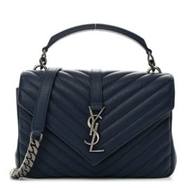 fake designer bags Saint Laurent Medium Sheepskin Matelasse Chevron Monogram College Bag in Navy with Aged Silver Hardware front