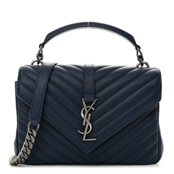 fake designer bags Saint Laurent Medium Sheepskin Matelasse Chevron Monogram College Bag in Navy with Aged Silver Hardware front